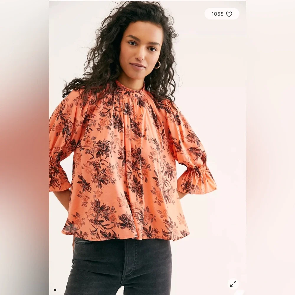 FREE PEOPLE Claudia Floral Blouse Large Black Ivory High Neck 3/4 Sleeve‎ Loose